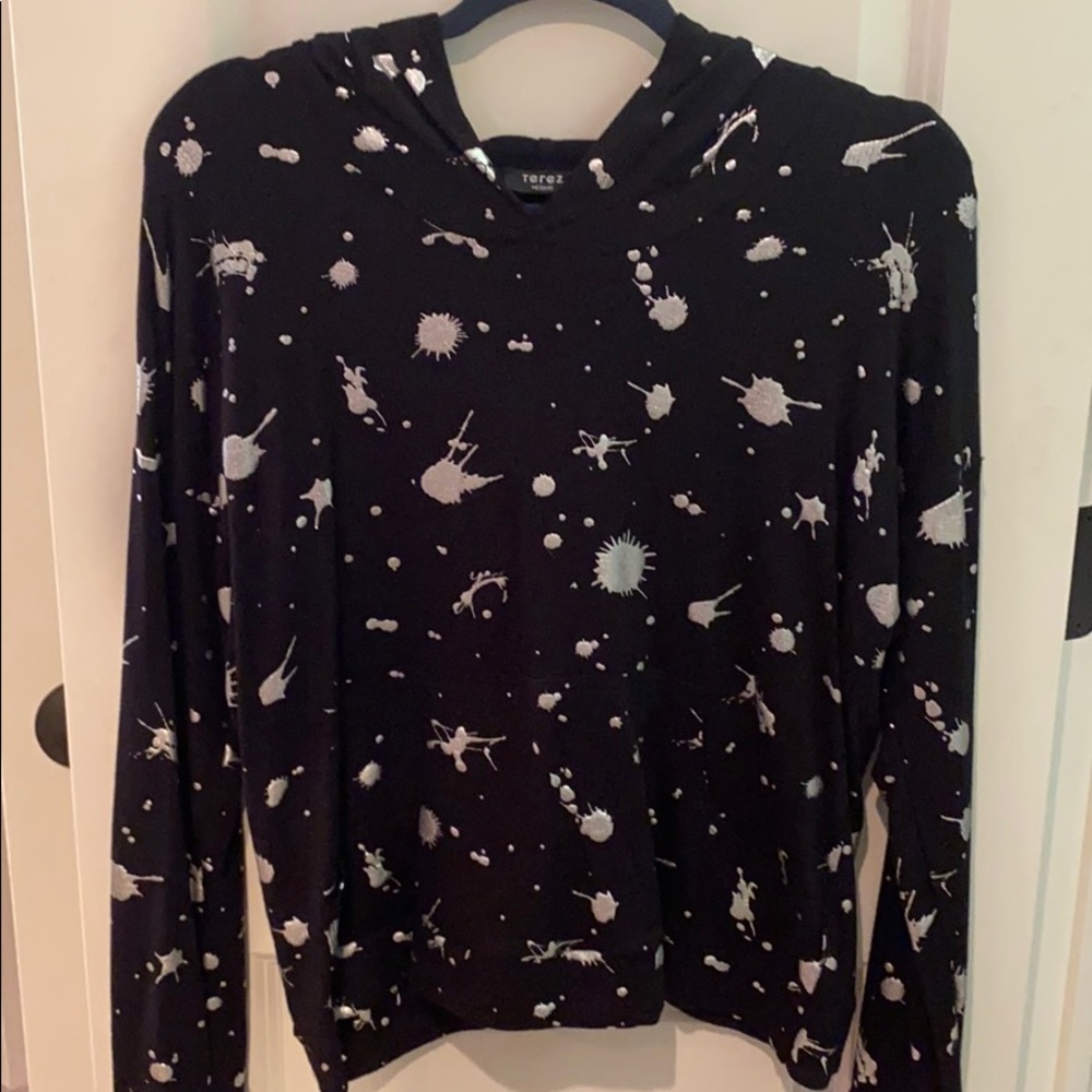 New Terez silver splatter foil cross back hoodie